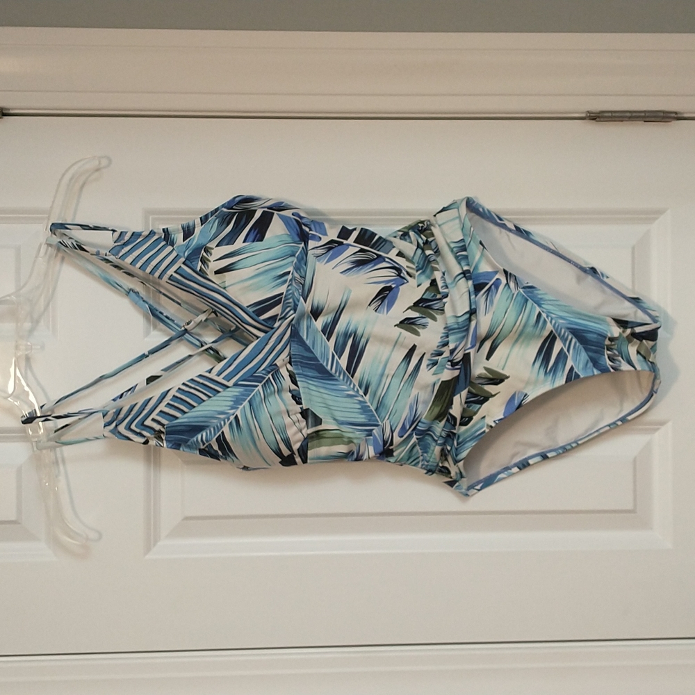 Palm leaf print bathing suit blue